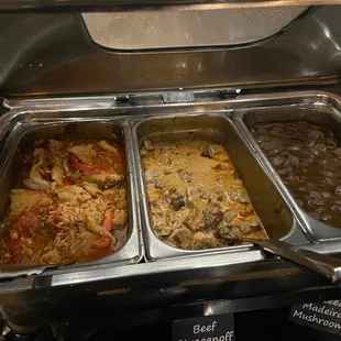 Fish, beef stroganoff and mushrooms
