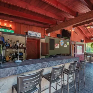 a view of a bar with chairs