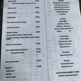 the menu for the restaurant