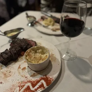 New York Strip and Mac N Cheese.