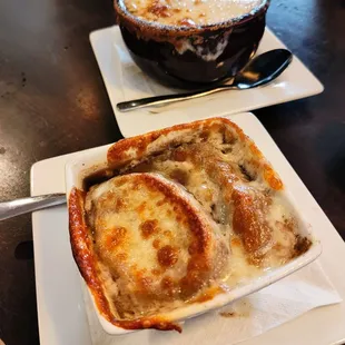 French Onions Soup Cup of soup w/ lunch special (front)  Cup of soup ala carte (rear)