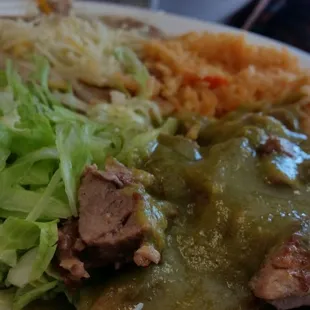 The spicy chili verde with rice and beans!