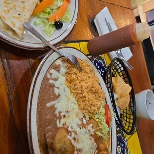 Half quesadilla with meat and 2 Chile rellenos plate