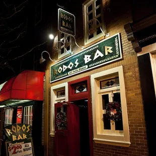 the front of the building at night
