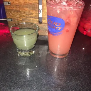 Sour patch shot and a strawberry lemonade