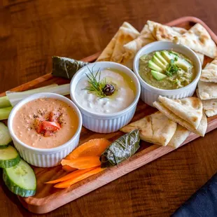 Cold Platter Sampler (spicy feta, tzatziki, avocado hummus)
