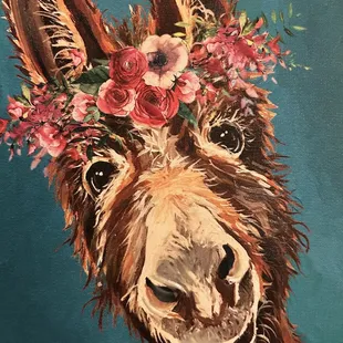 a painting of a donkey wearing a flower crown