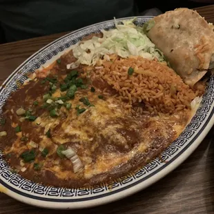 Cheese Enchilada, Beef Taco, rice and beans