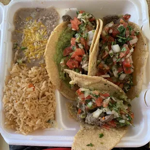 Carne Asada Tacos, rice, beans