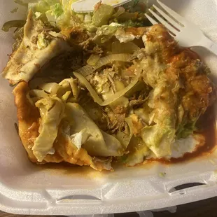 This was what I found inside a shredded beef chimichanga. No meat and a lot of bell peppers and onions.