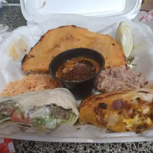Top:Birria Taco and Birria Dip Bottom Left: Steak burrito supreme Bottom Right: Chorizo egg and potato burrito