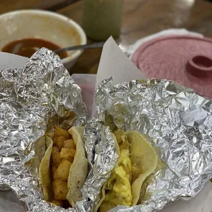 Breakfast tacos. Chorizo and potato, and egg and potato.
