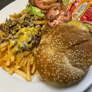 This is the new chili cheese burger, comes with chili cheese fries on the side and with an option of any meat for extra.