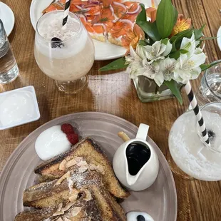 Coconut French toast, salmon flatbread