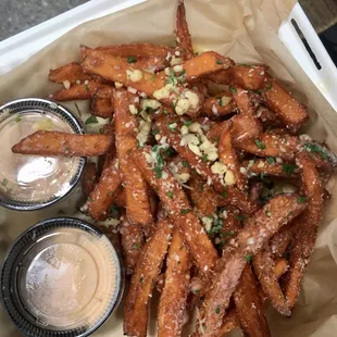 Sweet Potato Fries with Garlic &amp; Parmesan with our Spicy Roe Sauce