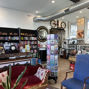 a library with a clock on the wall