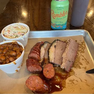 beef smoked sausage, brisket, beans, slaw.