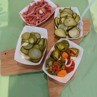 Various complementary homemade pickled veggies and jalapeños.