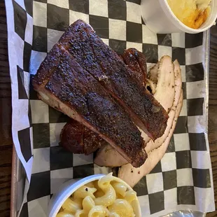 3 Meat Plate - Ribs, Turkey, and Jalapeño-Cheese Sausage w/ Mac N Cheese and Loaded Mashed Potatoes