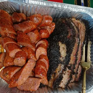 Sausage and moist brisket.