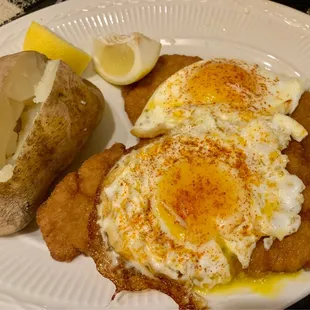Wiener Schnitzel a la  Holstein  w/Baked Potato