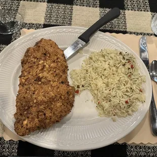 Cashew encrusted chicken with rice pilaf