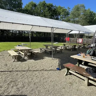 picnic tables and umbrellas