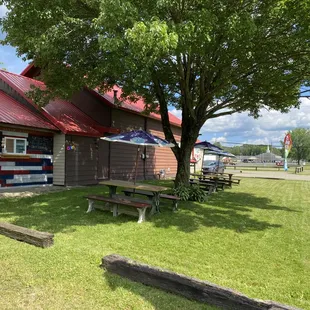 picnic tables and umbrellas
