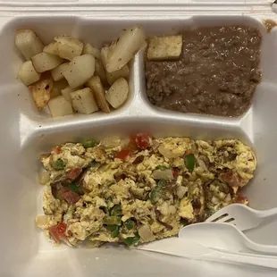 Machacado Plate delightfully zingy with peppers, comes with potato, beans, and your choice of tortilla. 09OCT24