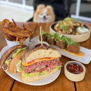 Hanger Burger ($22) w/ bacon (+$3), avocado (+$3),    Beef Cheeks ($17), Crispy Maitake Mushrooms ($16)