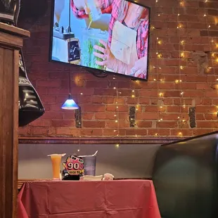 a table with a red tablecloth