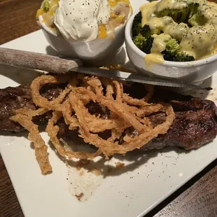 12 oz. New York Strip Steak with loaded mashed potatoes no bacon and broccoli cheese