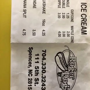 a receipt for ice cream