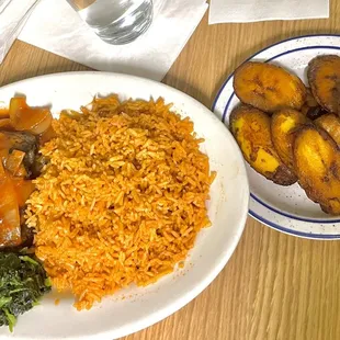 Grilled lamb with onion, tomato, sweet pepper stew, spinach, jollof rice and sweet plantains