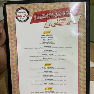 menu for lunch special