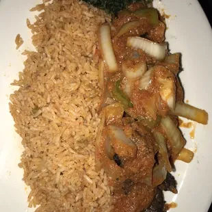 Grilled Goat and Jollof Rice.