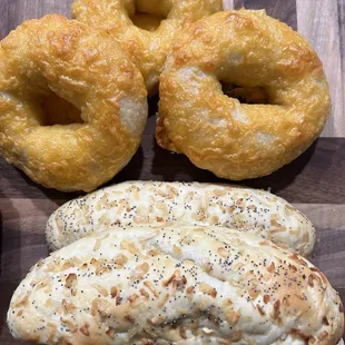 Onion rolls and cheddar bagels