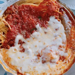 Baked Lasagna with Meat Sauce and spaghetti
