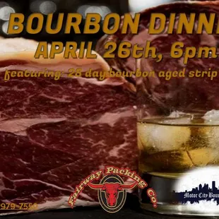 a glass of whiskey and steak