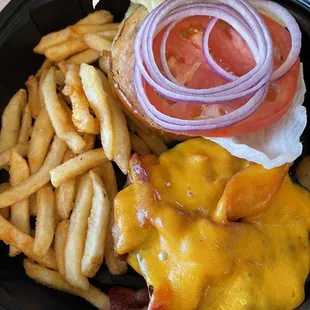 Pretzel Burger with fries.
