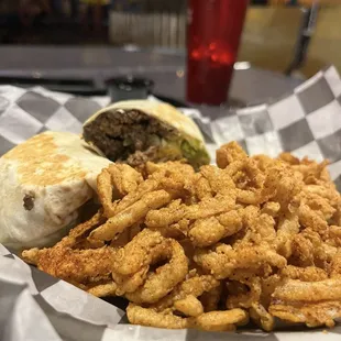 Burrito with onion straws