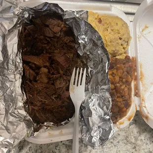 Brisket, Cheesy Potatoes and Baked Beans