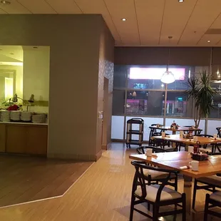 Breakfast buffet and seating area