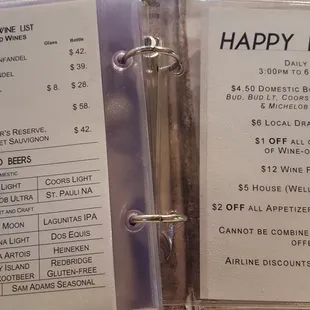 Bottled beers and happy hour specials as of 12/17/17