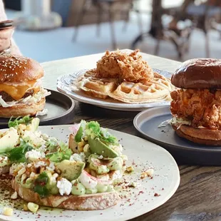 Chicken and Waffles, Fried Chicken Sandwich, Street Corn Avocado Toast, A-5 Wagyu Burger