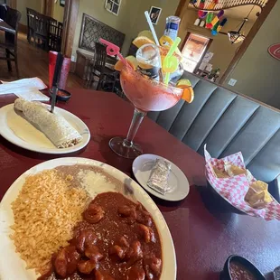 California Burrito, Camarones Diablo, and Fiesta Margarita.