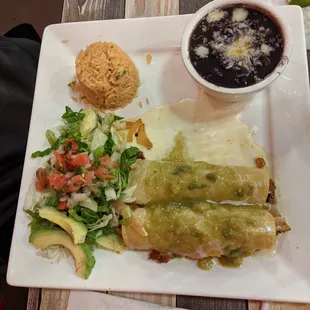 Rojo chiro enchilada was excellent, offering a blend of chicken, cheese, avocado and onions along with salsa verde, black beans and rice.