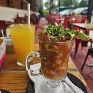 Ceviche and mango agua fresca