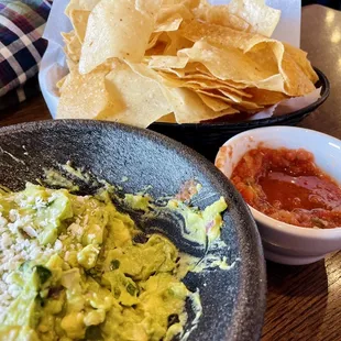Fresh guacamole, chips and salsa.