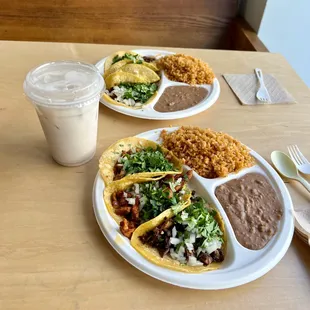 Taco plate with rice and beans.  Horchata agua fresca -- make sure to order this!